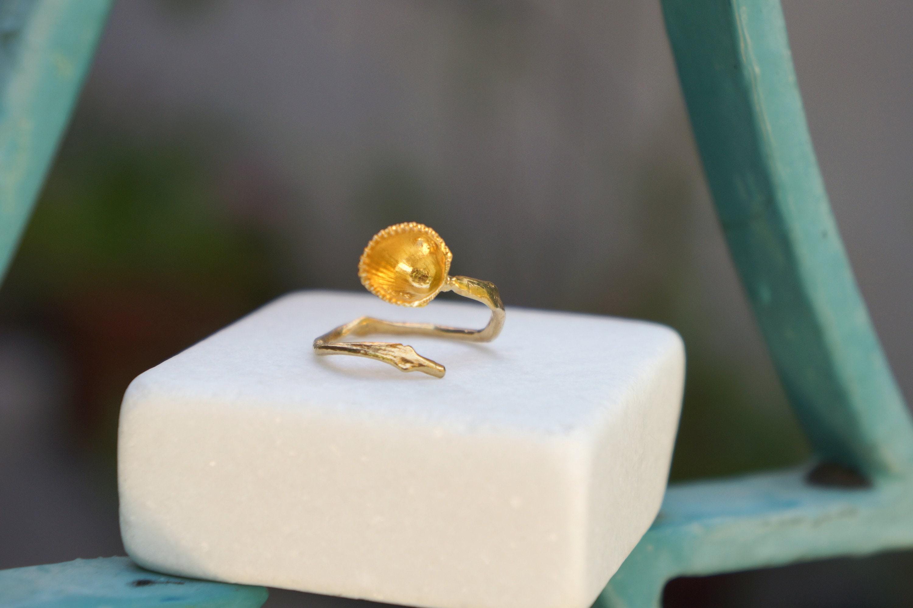 Solid Gold Ring: Real Sea Shell and Branch Design - Adjustable Fit