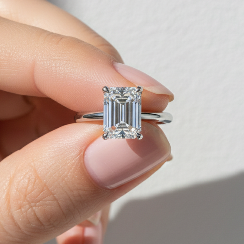 Emerald Cut Diamond Solitaire 14K Solid Gold Engagement Ring IGI Certified