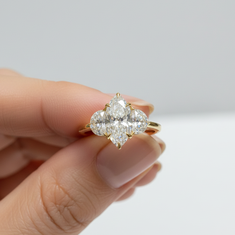 Marquies Cut Diamond 3 Stone Side Moon 14K Solid Gold Engagement Ring