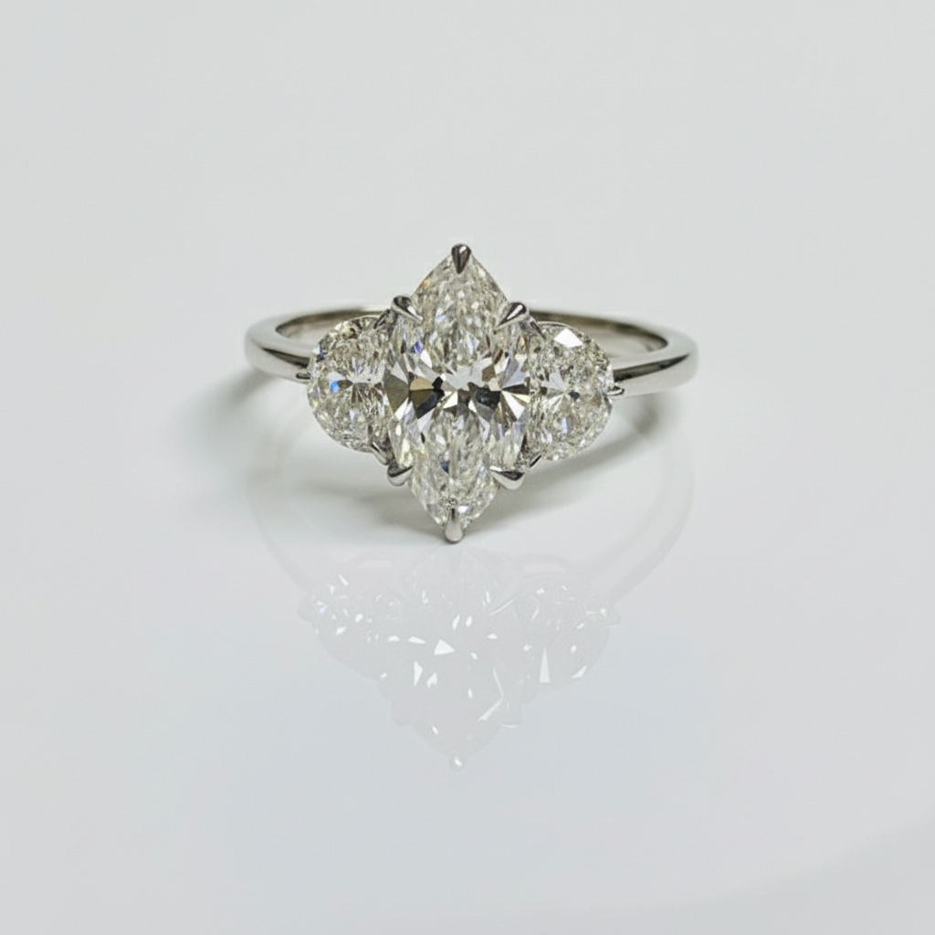 Marquies Cut Diamond 3 Stone Side Moon 14K Solid Gold Engagement Ring