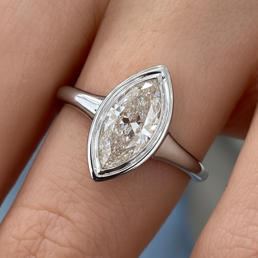 Marquies Cut Diamond Bezel Setting 14K Solid Gold Solitaire Engagement Ring