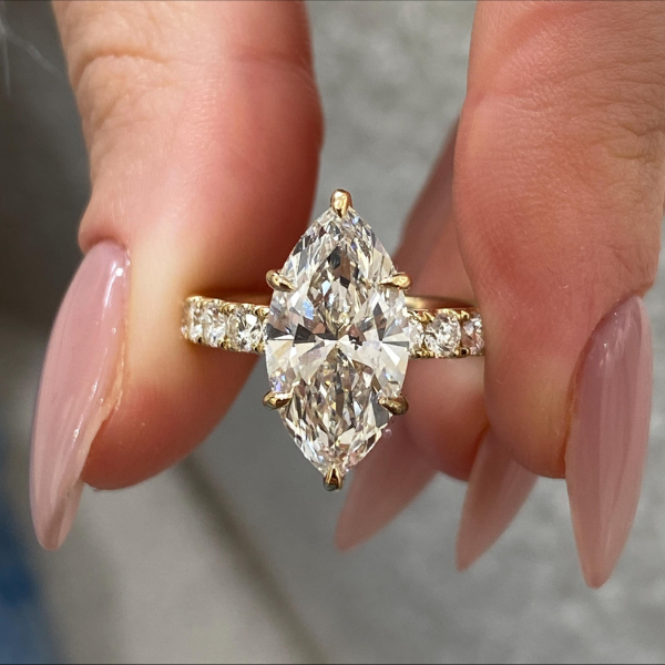 Iconic Marquies Cut Diamond Hidden Halo Pave Band 14K Solid Gold Ring For Women