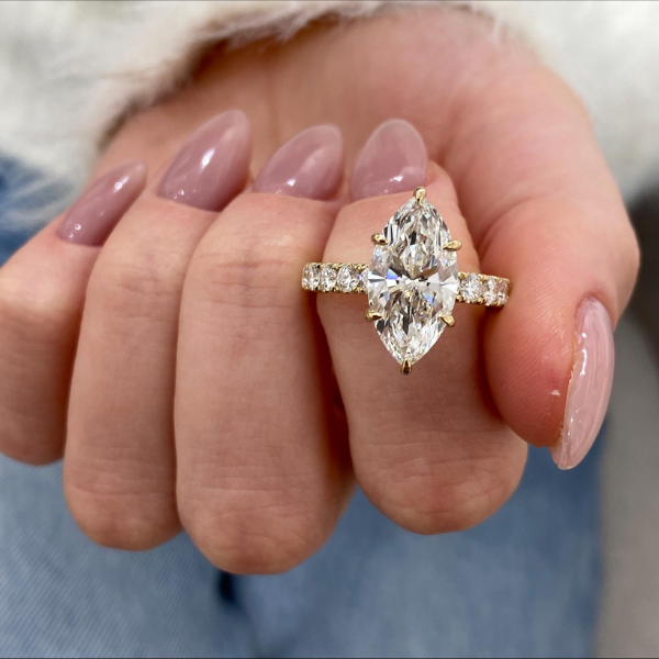 Iconic Marquies Cut Diamond Hidden Halo Pave Band 14K Solid Gold Ring For Women