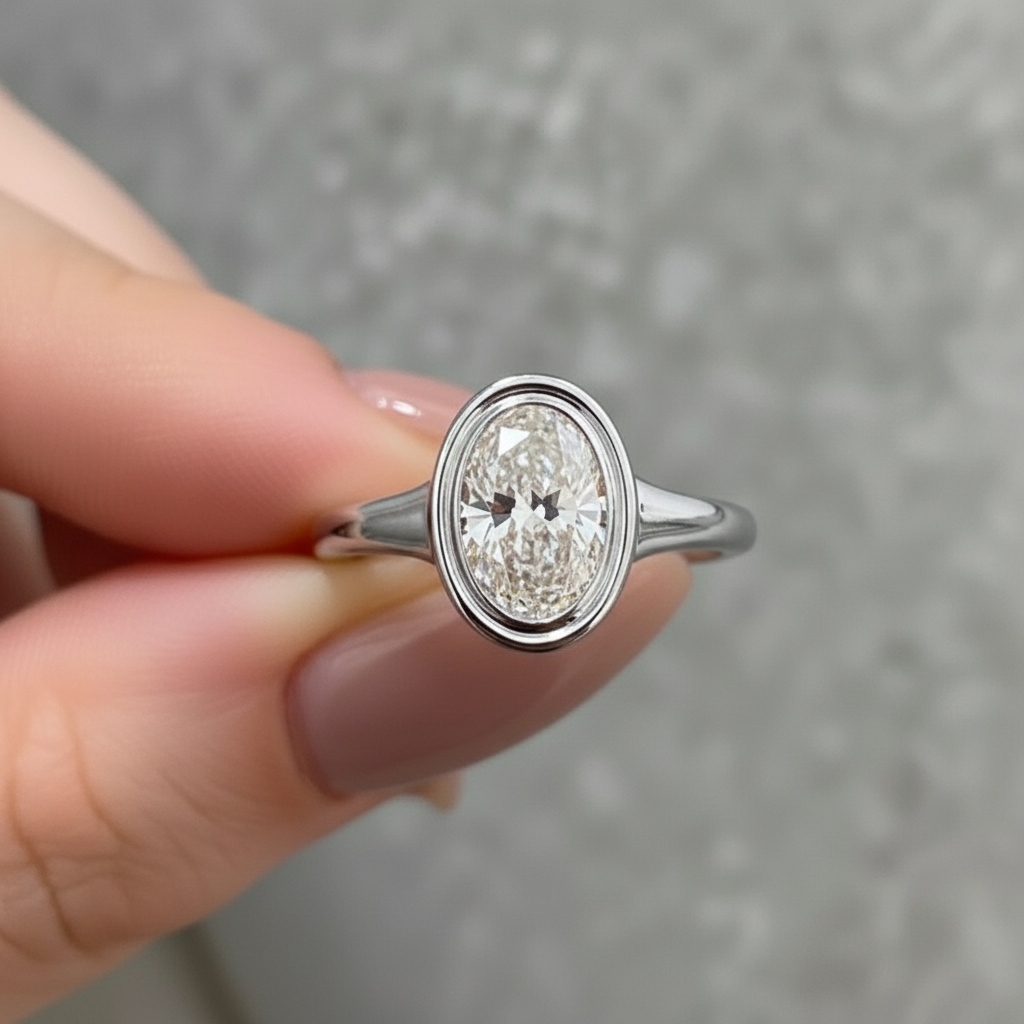 Oval Cut Diamond Bezel Setting 14K Solid Gold Solitaire Ring For Women