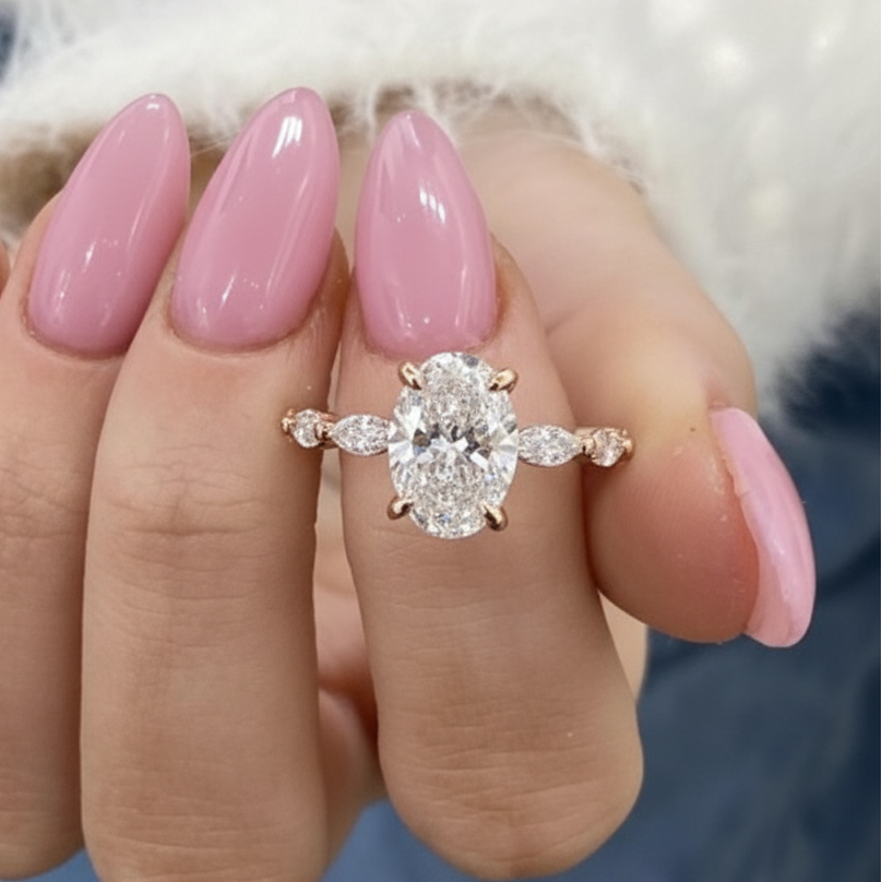 Oval Cut Side Marquies Band Hidden Halo Diamond 14K Solid Gold Engagement Ring