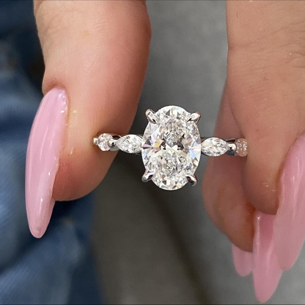 Oval Cut Side Marquies Band Hidden Halo Diamond 14K Solid Gold Engagement Ring
