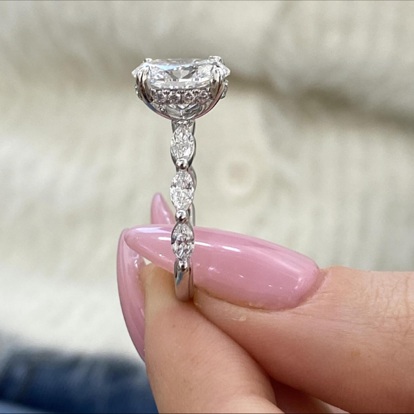 Oval Cut Side Marquies Band Hidden Halo Diamond 14K Solid Gold Engagement Ring