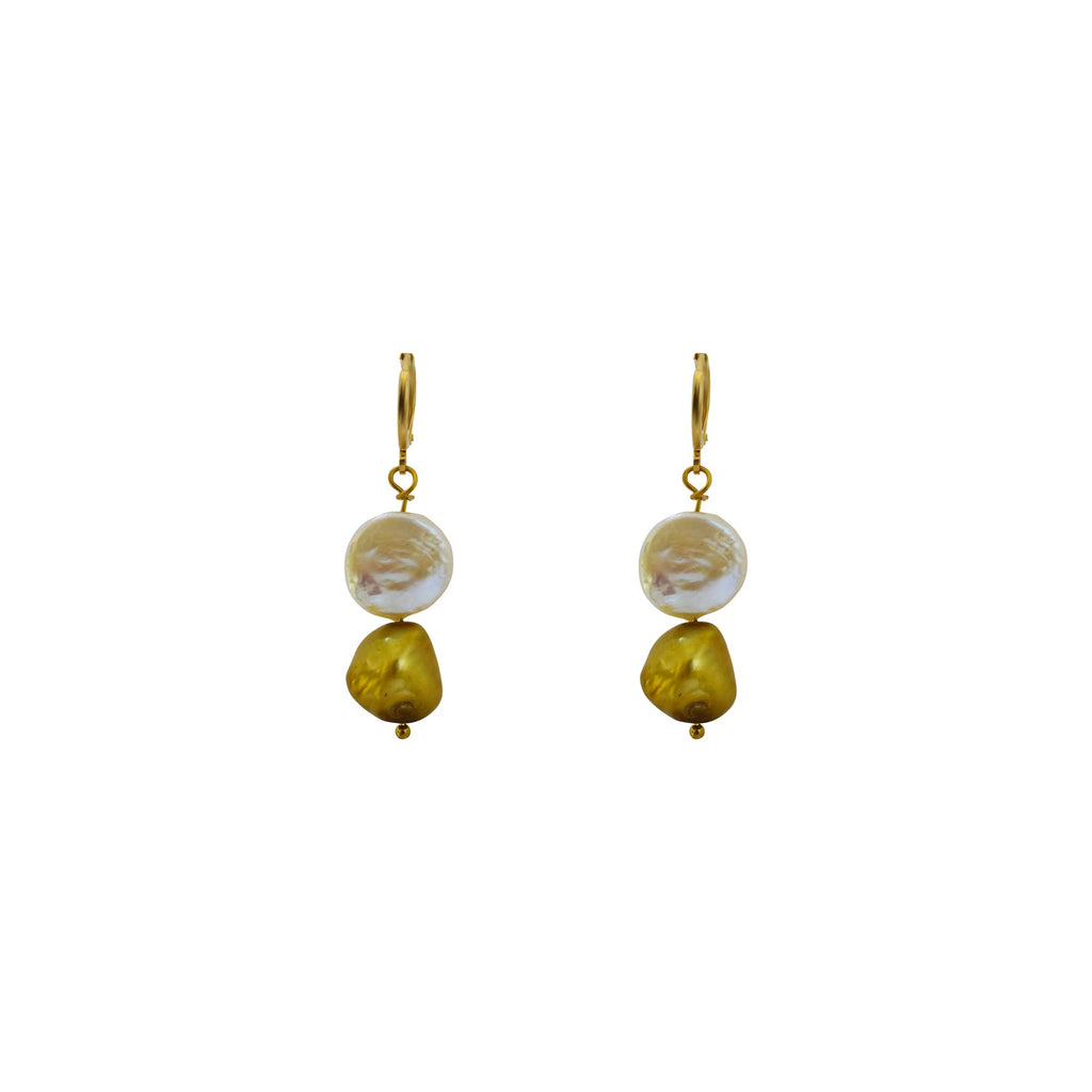 White Coin and Gold Pearl Freshwater Pearl Earrings | by Ifemi Jewels