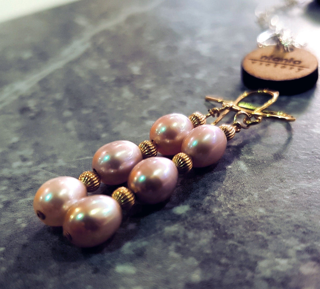 Pink Freshwater Pearl Earrings, Pearl Drop Earrings, Yellow 9k Gold earrings | by nlanlaVictory