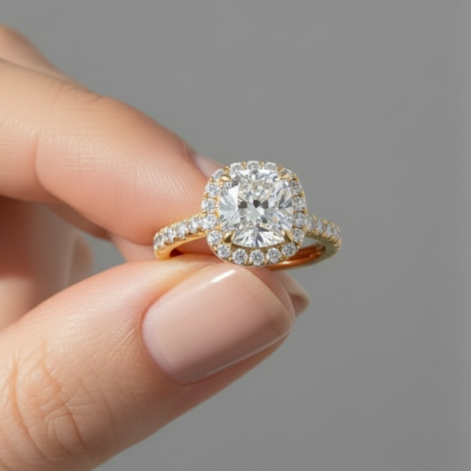 Timeless Cushion Cut Single Halo Pave Band 14K Solid Gold Engagement Ring