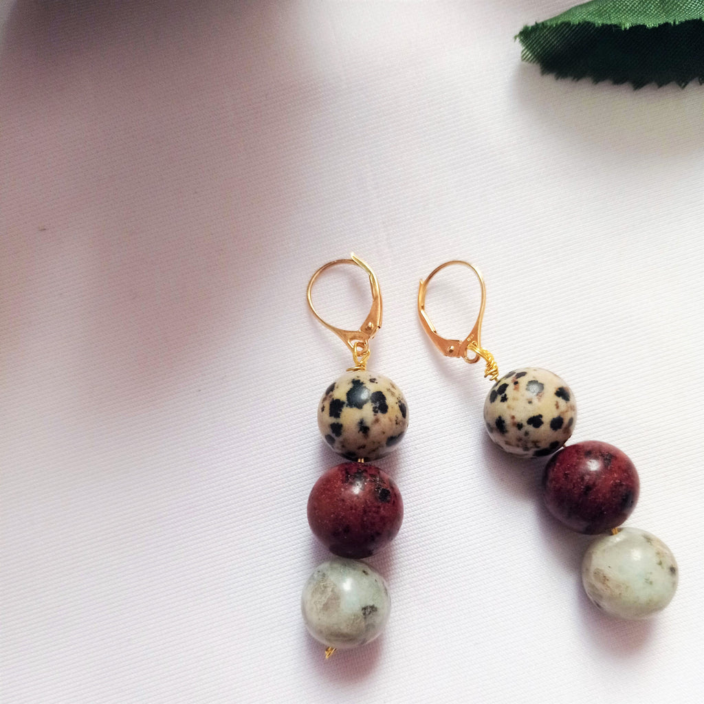 Poppy, Dalmatian & Sesame Jasper Yellow gold vermeil or 9k or 18k gold earrings, Bloom Collection | by nlanlaVictory