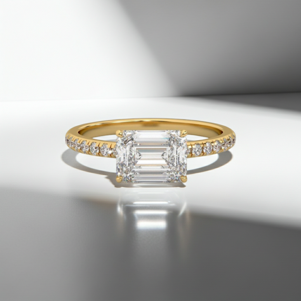 Classic Emerald Cut Sideways Pave Band 14K Solid Gold Diamond Ring