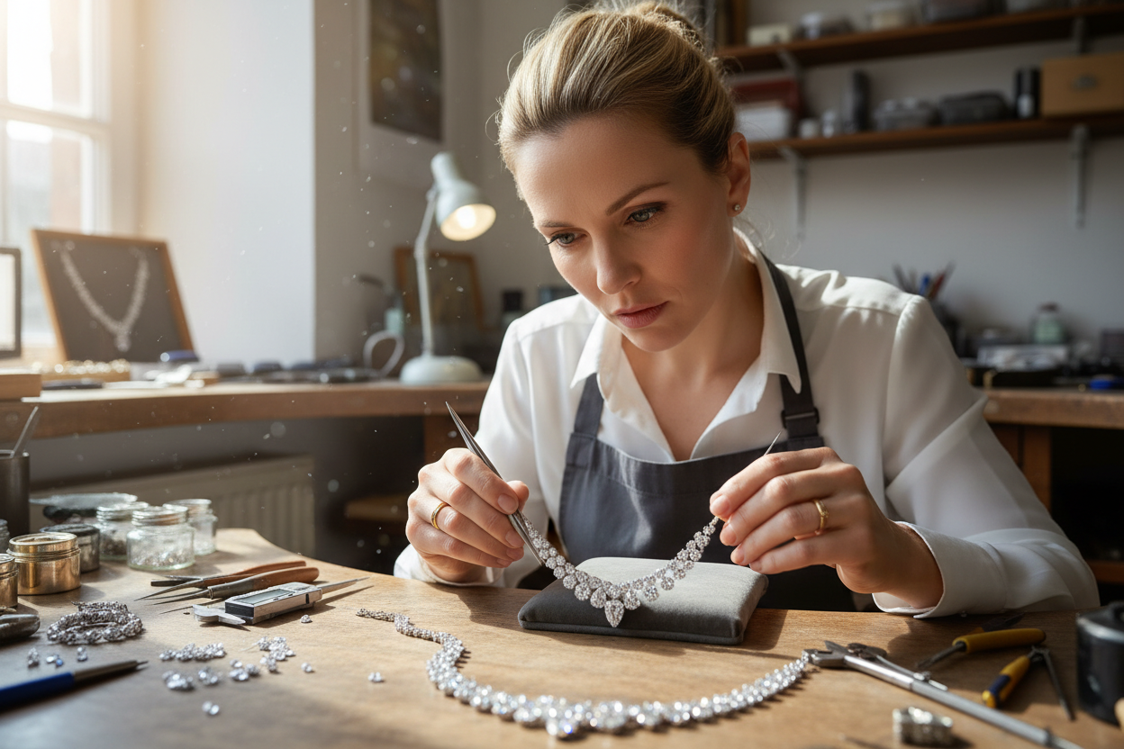 white woman jeweller working in a diamond necklace
