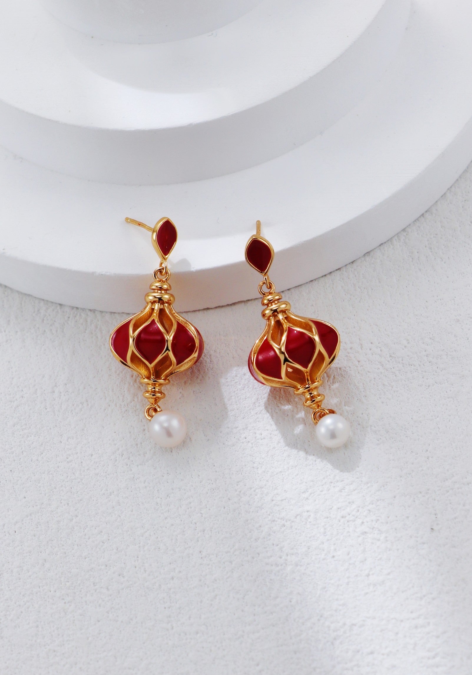 Red Enamel Lantern Pearl Earrings