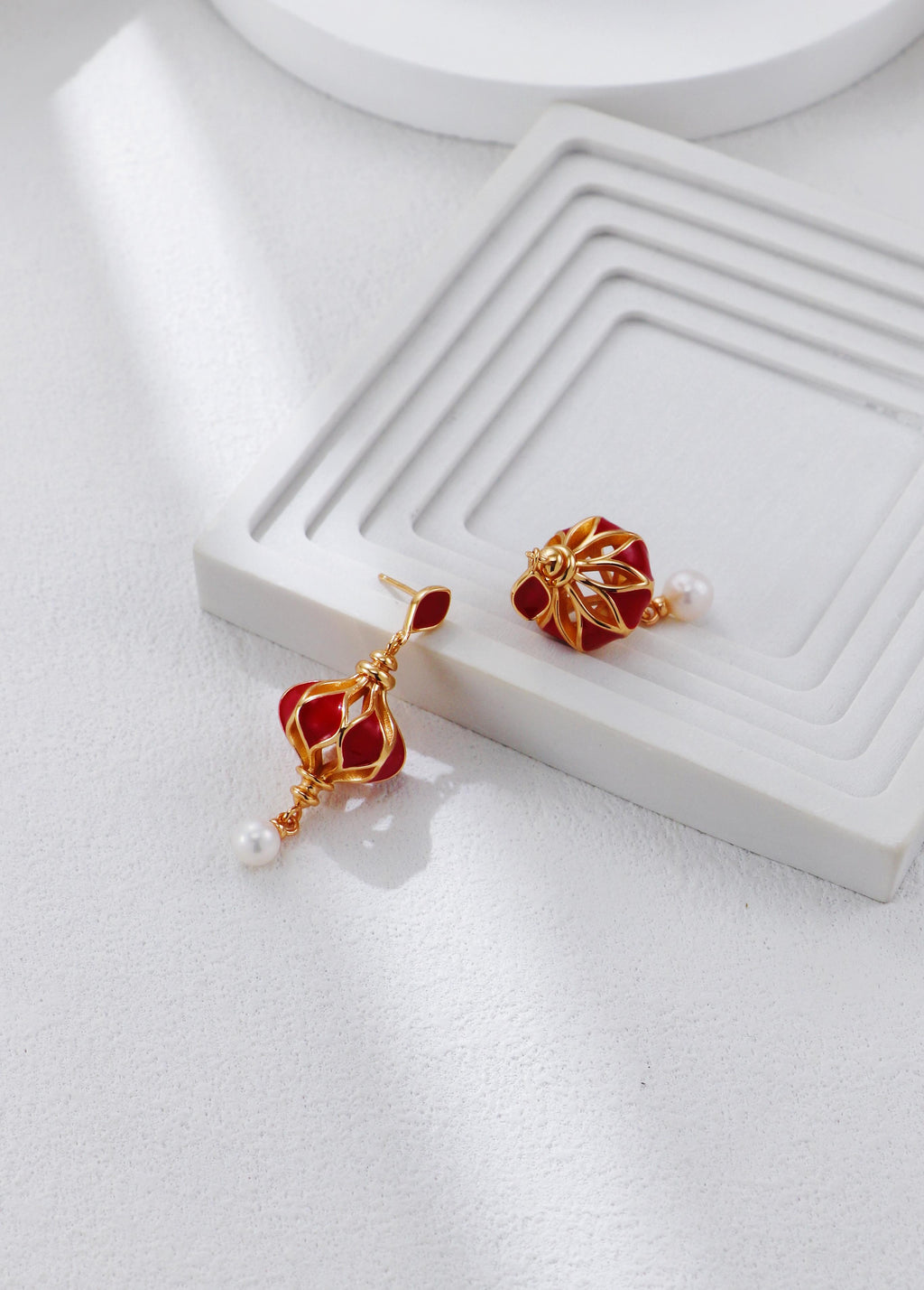 Red Enamel Lantern Pearl Earrings