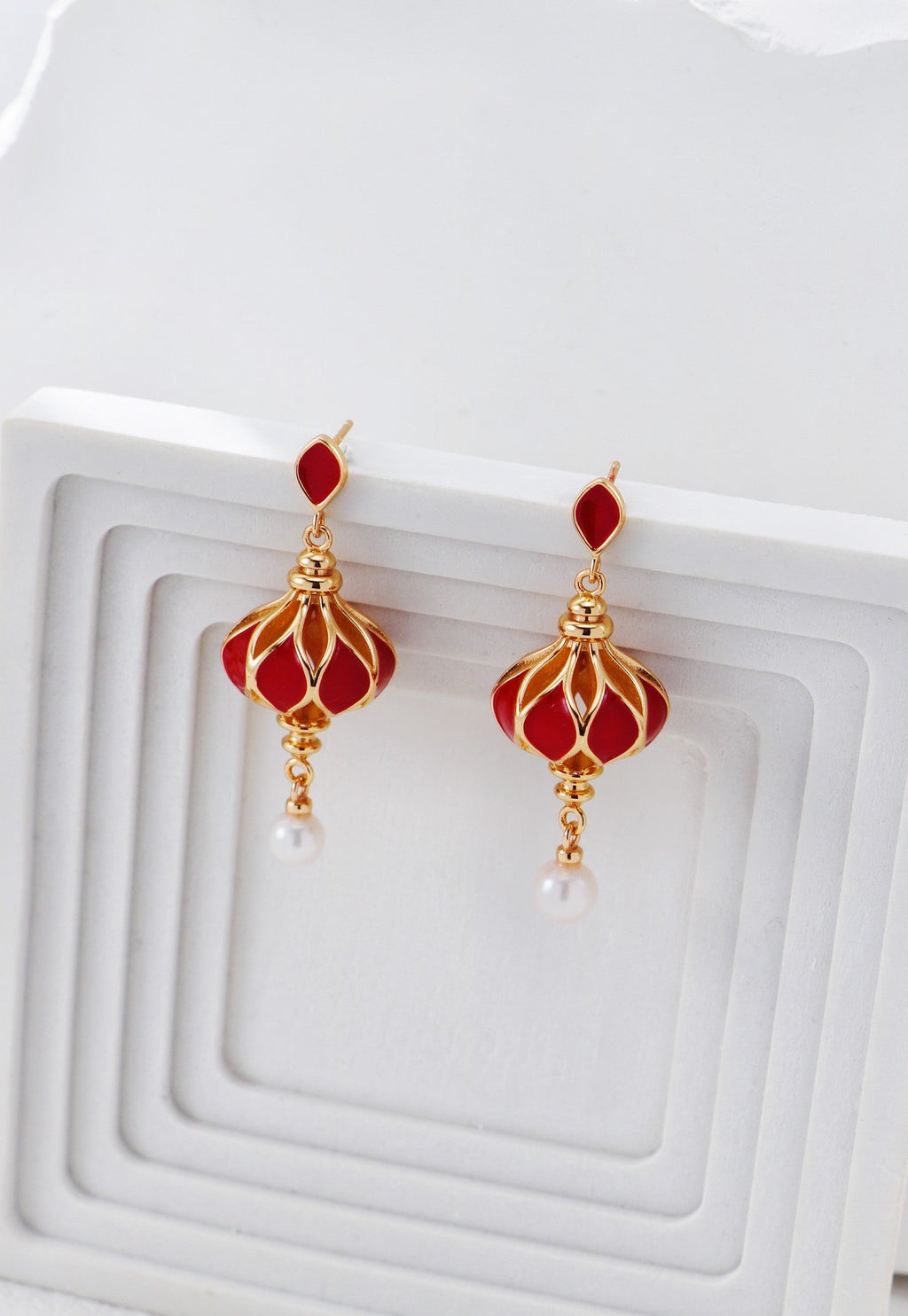Red Enamel Lantern Pearl Earrings