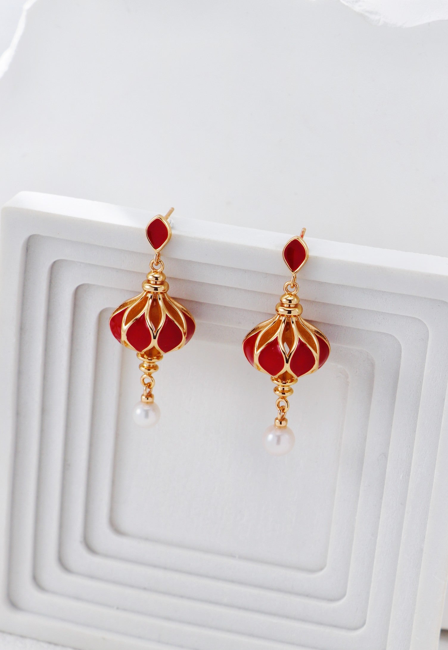Red Enamel Lantern Pearl Earrings